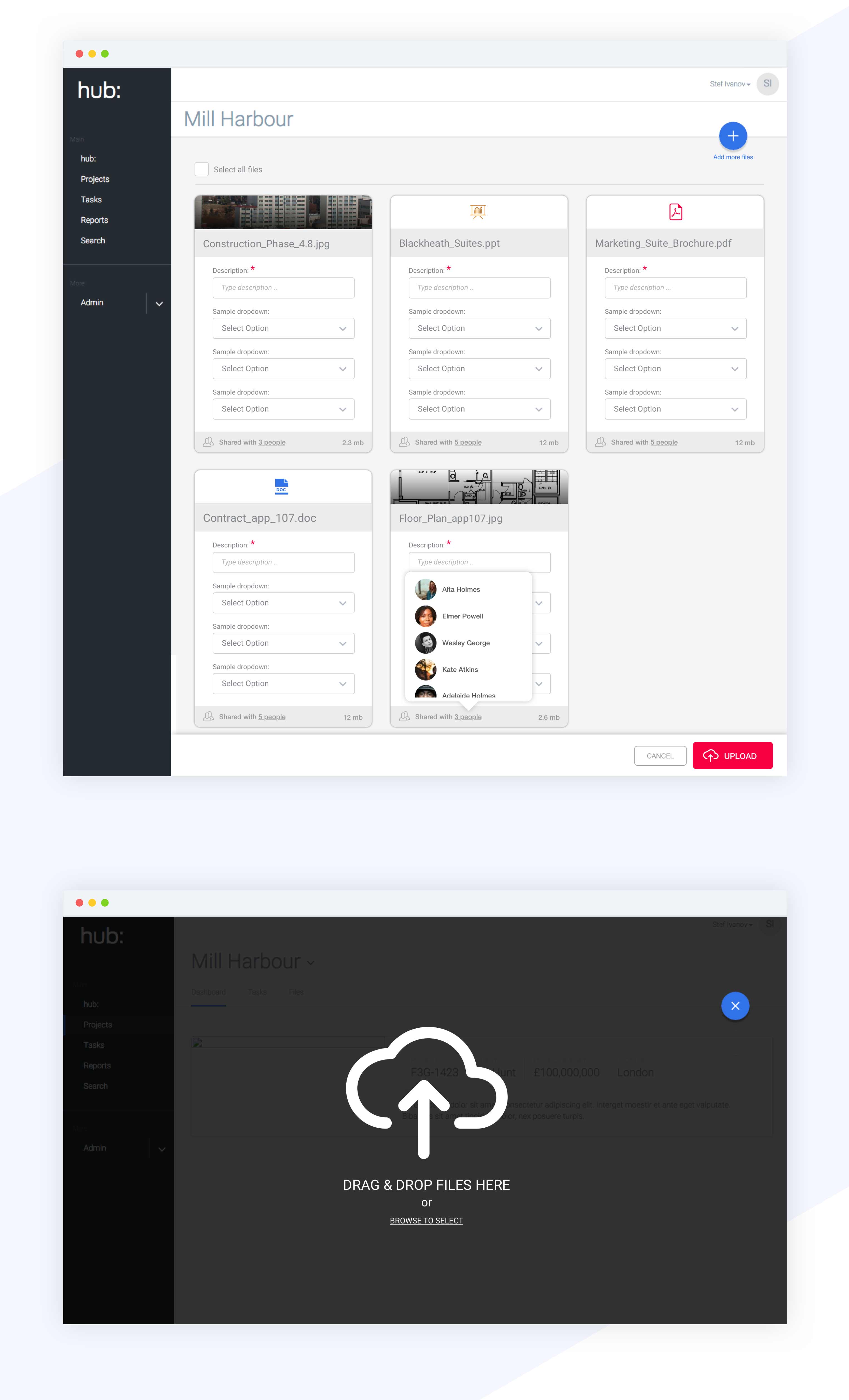 UI Mockups for dashboard and upload files